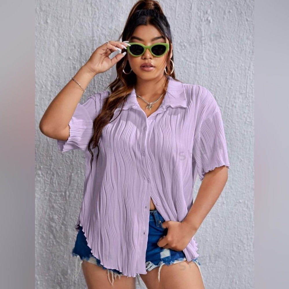 SHEIN CURVE EZwear Plus Solid Button Front Lettuce Trim Plisse Shirt NWT